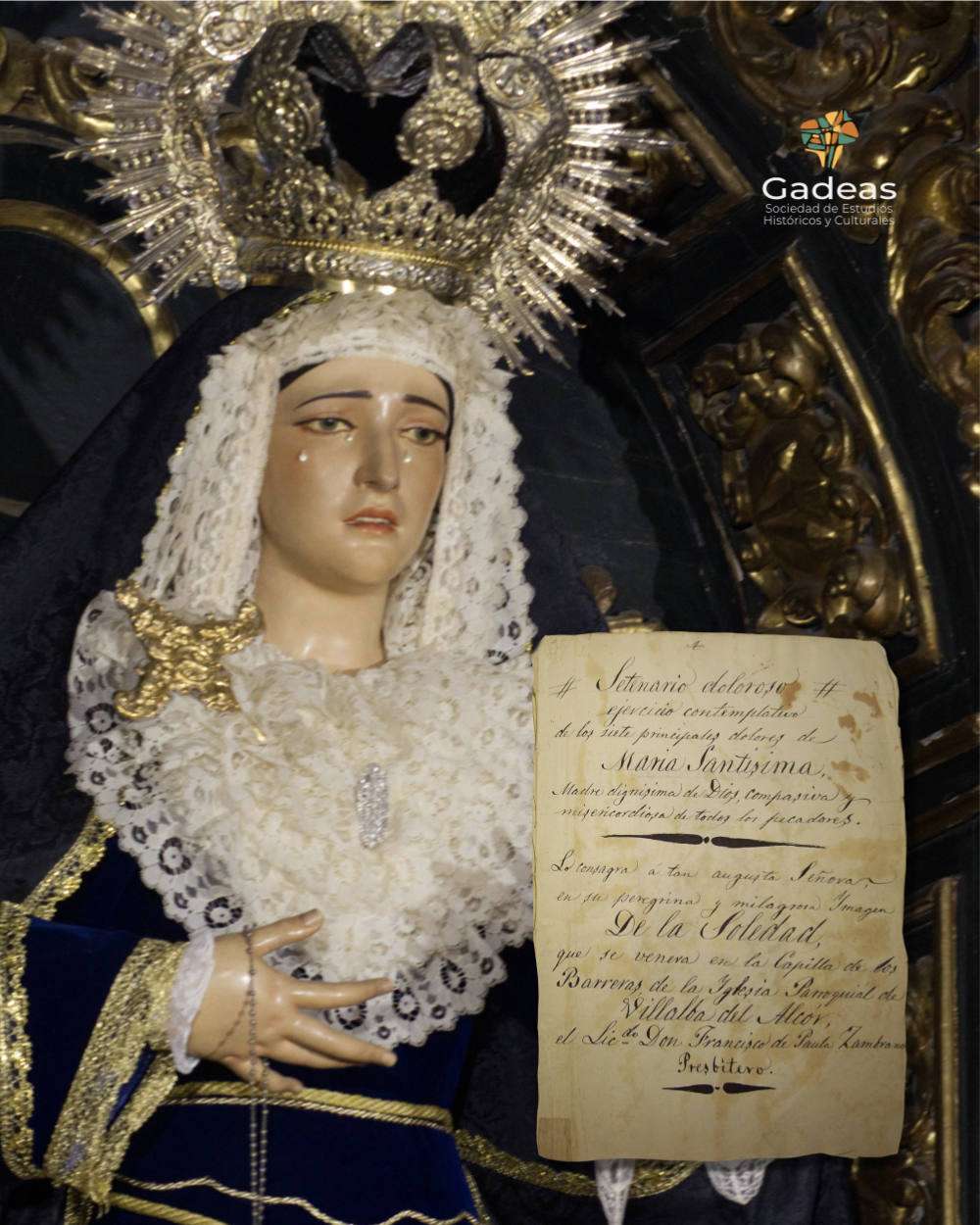 Virgen de la Soledad de Villalba del Alcor y detalle del manuscrito de un setenario.